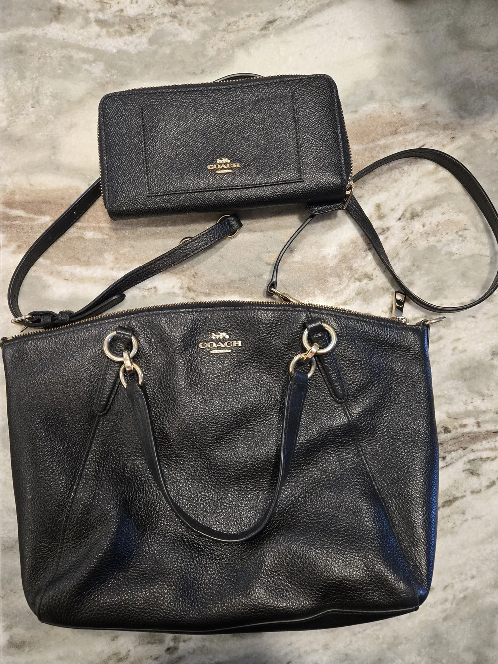 COACH Small Kelsey Black Leather Satchel with Crossbody & Wallet Bundle